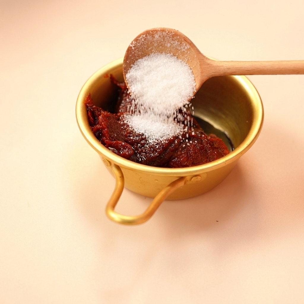 A wooden spoon sprinkling white sugar into a golden bowl containing red chili paste and dark soy sauce.