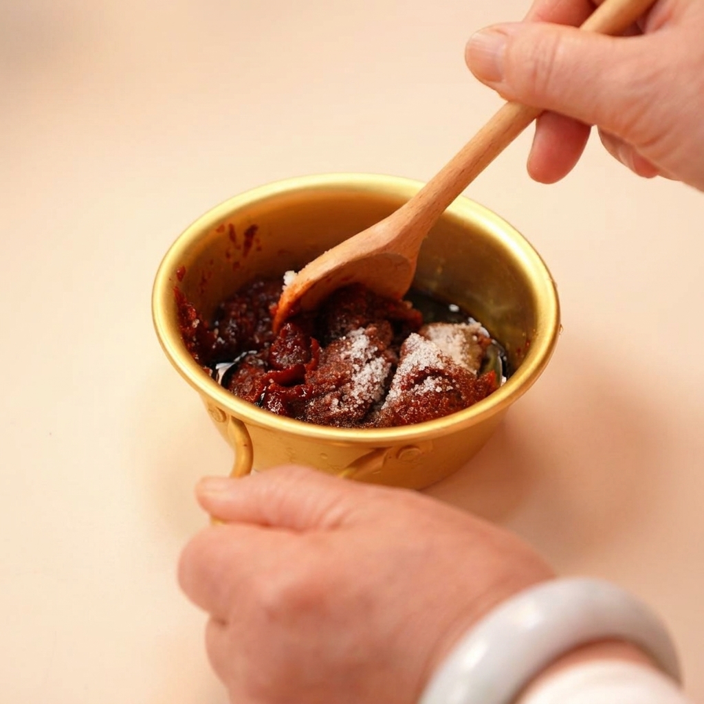 A persons hand using a wooden spoon to stir a thick, dark red sauce mixture inside a small golden bowl.