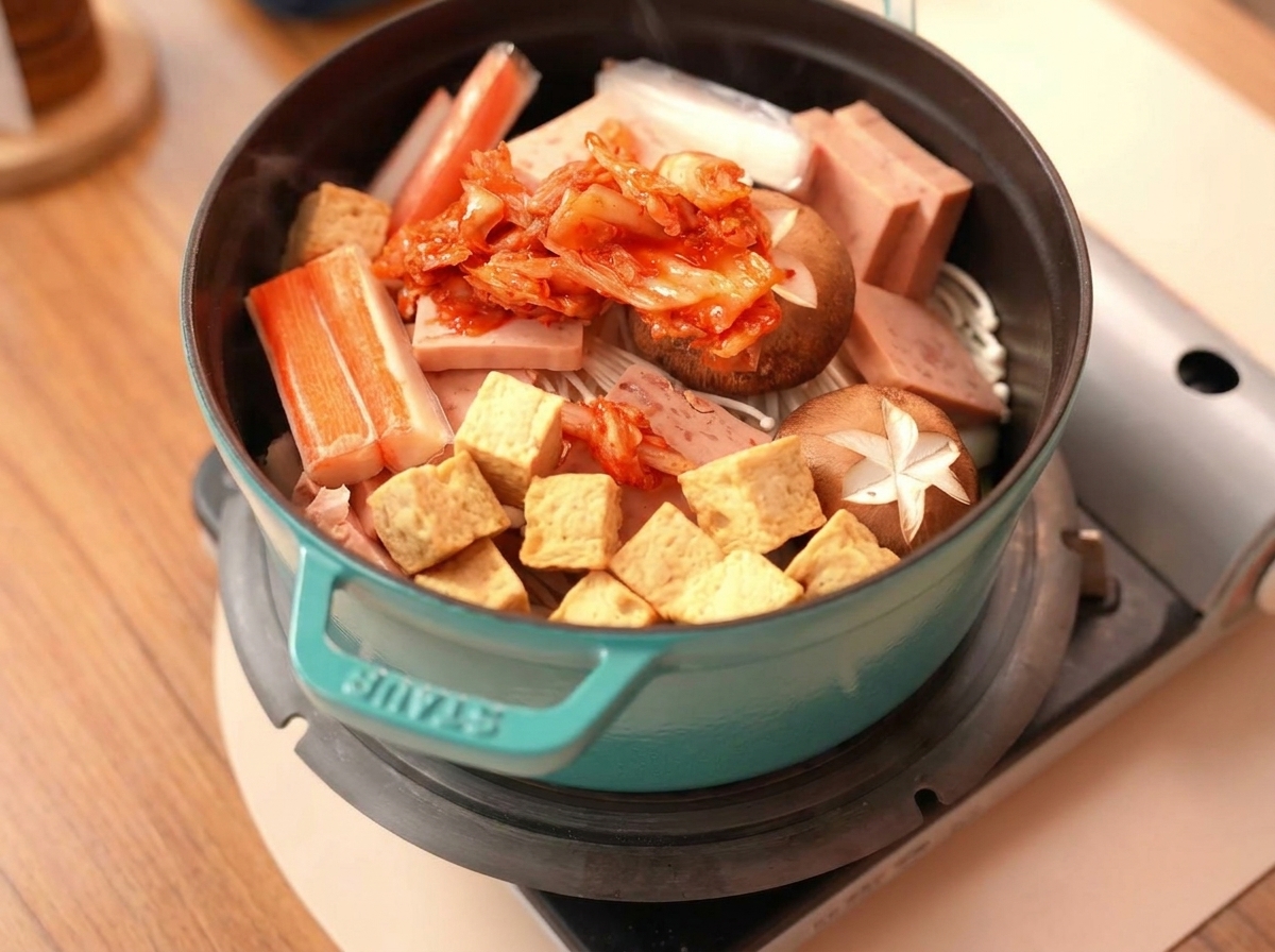 A pile of bright red kimchi sitting in the center of neatly arranged raw hot pot ingredients.