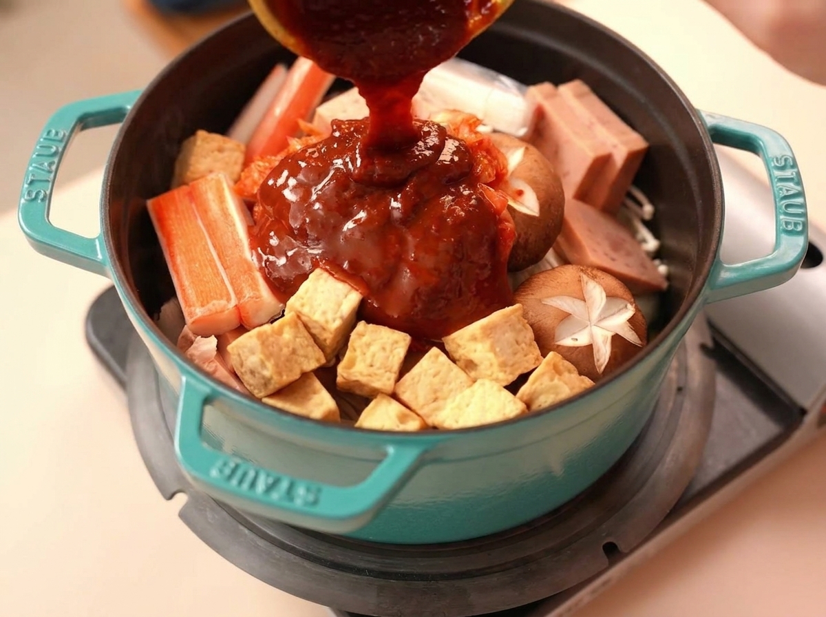 Thick, dark red sauce being poured from a small yellow bowl over the center of the army stew ingredients.