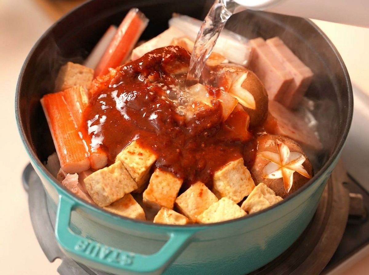 Clear water being poured into a green pot filled with hot pot ingredients and red sauce.