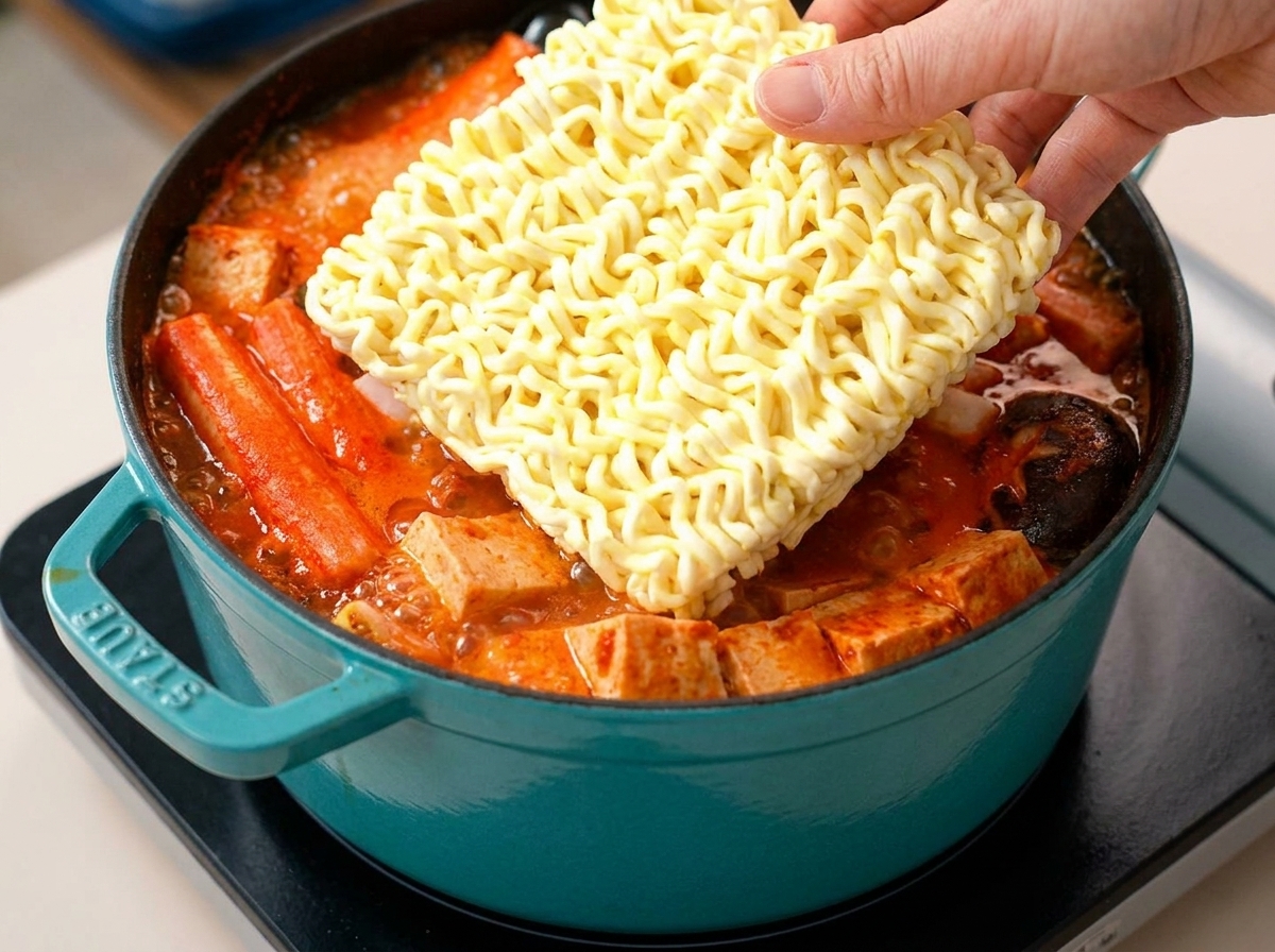 A hand lowering a square block of dry wavy ramen noodles into a pot of boiling, vibrant red army stew.