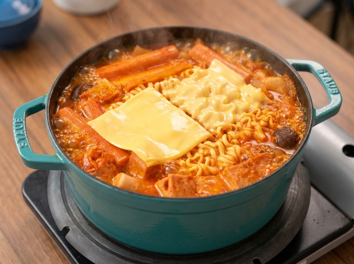 Two slices of yellow cheese melting over instant ramen noodles in a bubbling pot of Korean army stew.
