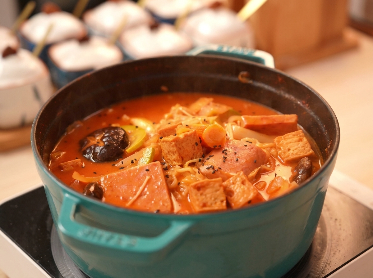 A finished pot of Korean army stew filled with spam, tofu, mushrooms, and noodles, beautifully garnished with black sesame seeds.