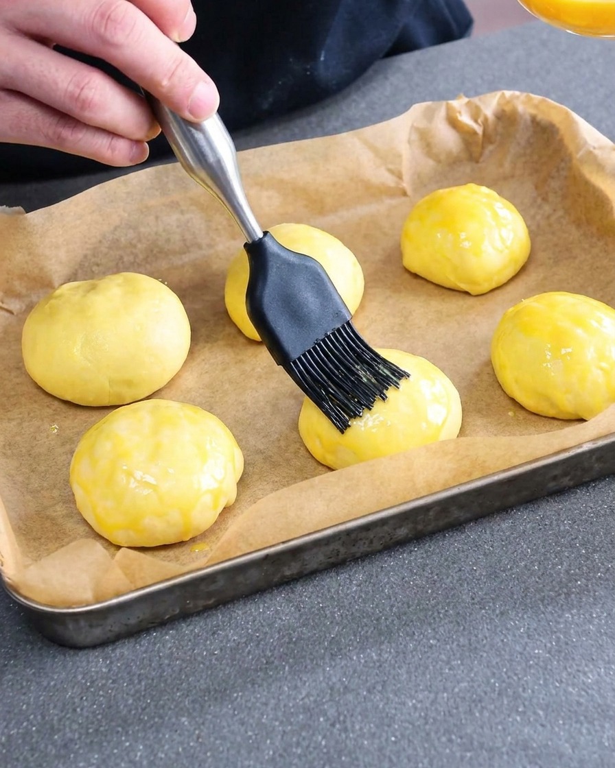 Unbaked bun dough balls being brushed with an egg wash on a parchment-lined tray.