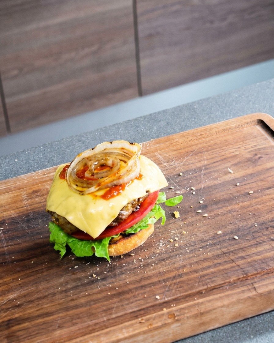 A freshly assembled burger featuring lettuce, tomato, beef patty, melting cheese, and grilled onions.