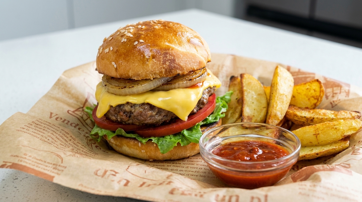 A freshly assembled gourmet cheeseburger with melted cheese, crisp lettuce, and fresh tomato, served with golden potato wedges and ketchup.