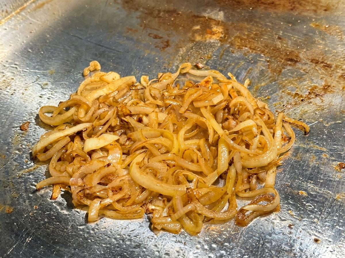Apple cider vinegar being drizzled onto caramelized onions on a hot griddle.