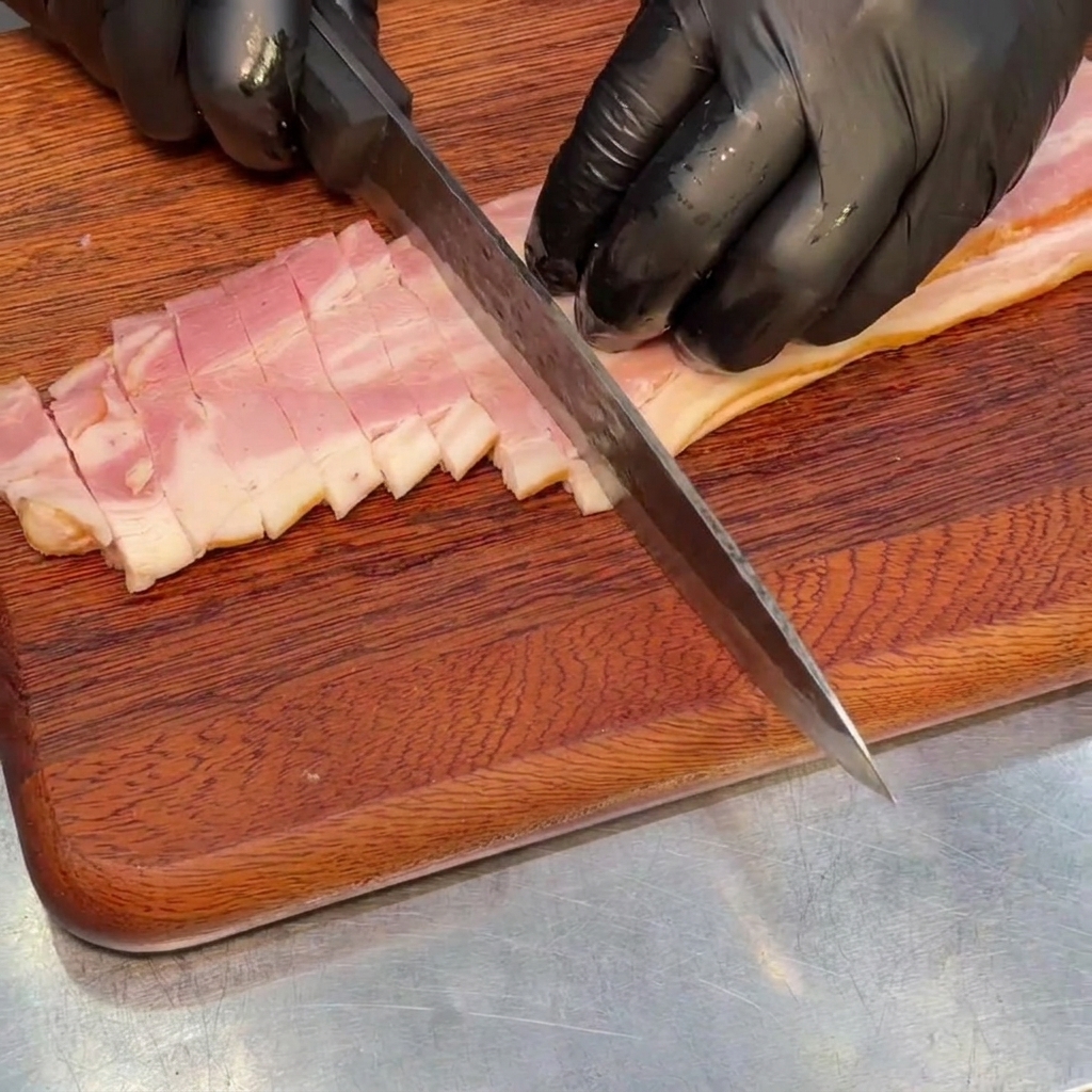 Uniformly chopped small square pieces of smoked bacon arranged on a rustic wooden cutting board.