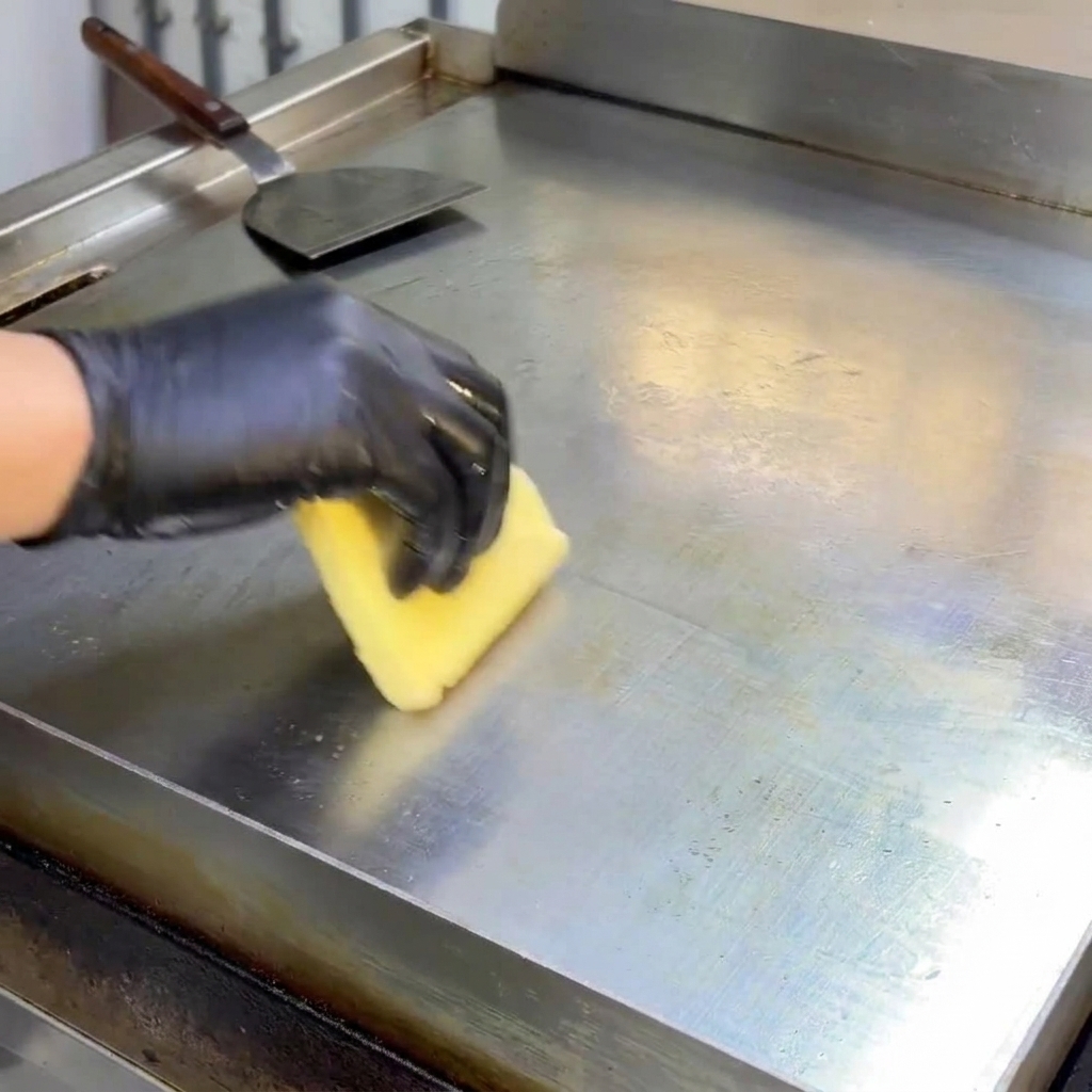 Butter melting and being spread across the surface of a hot stainless steel flat-top grill.