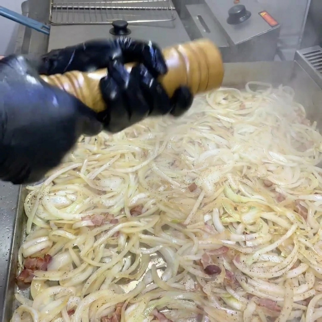 Black pepper being freshly cracked over a mixture of caramelizing onions and crispy bacon on a flat-top grill.