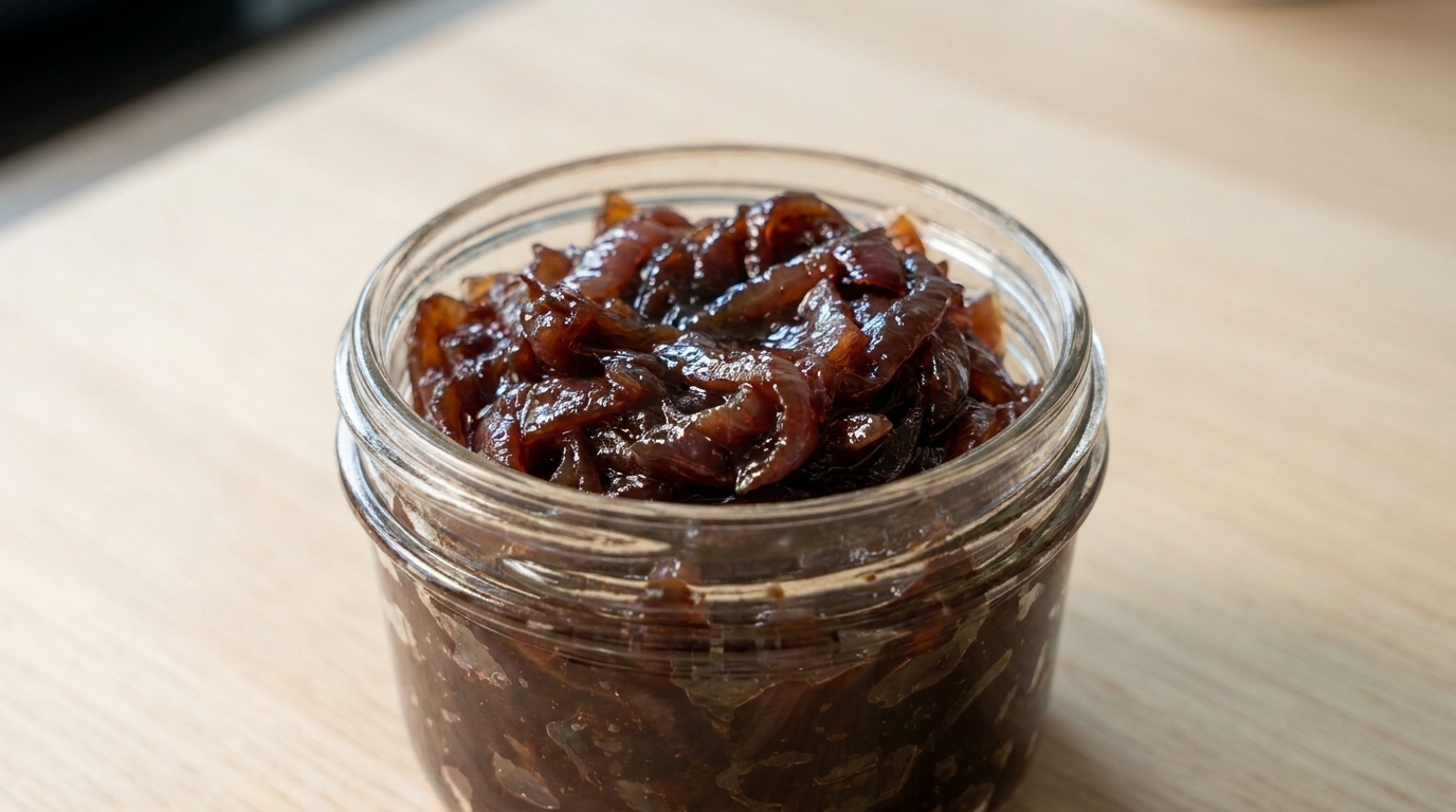 Homemade caramelized red wine onion jam, dark, glossy, and perfectly reduced.