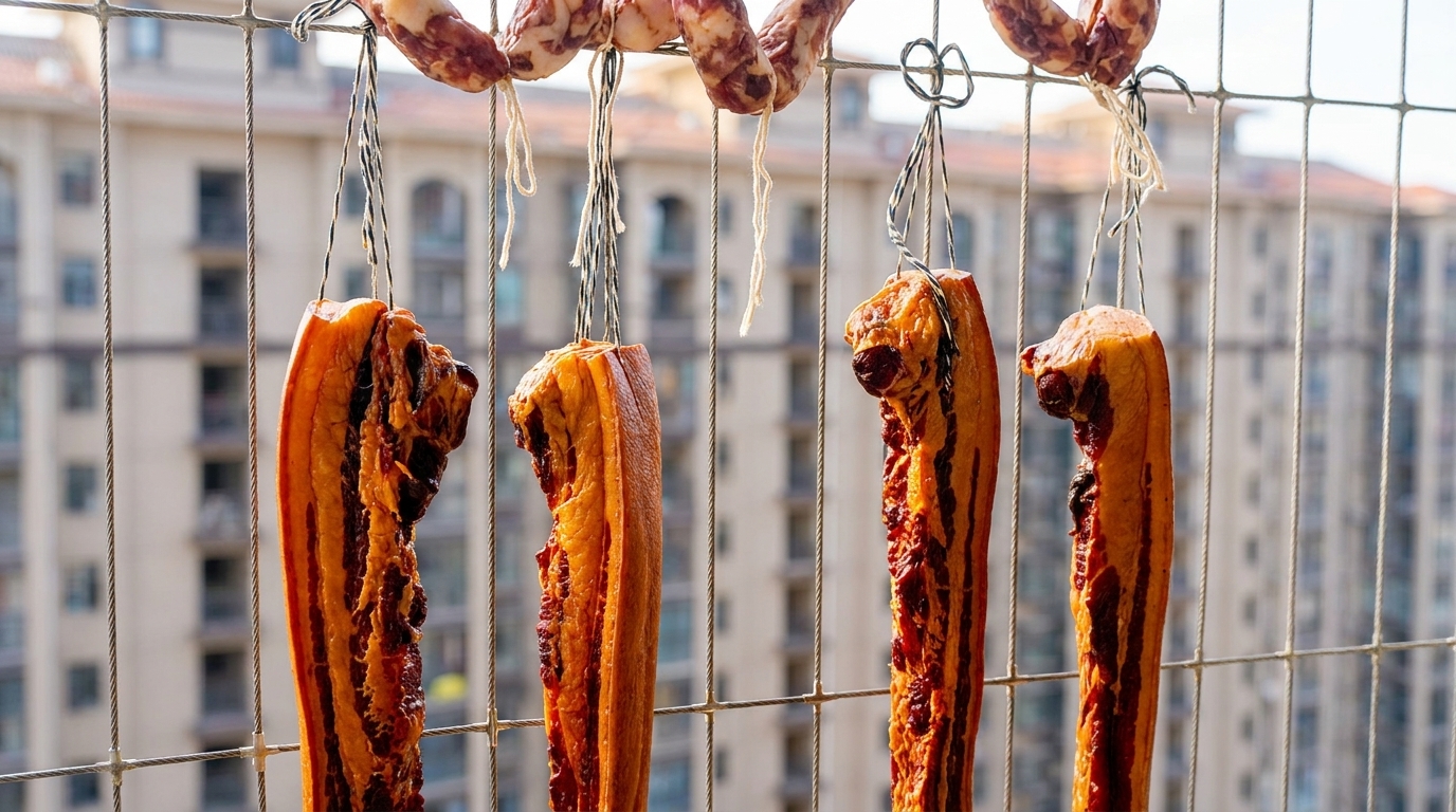 Savory soy sauce-cured pork belly hanging to air-dry for a rich, deep flavor.