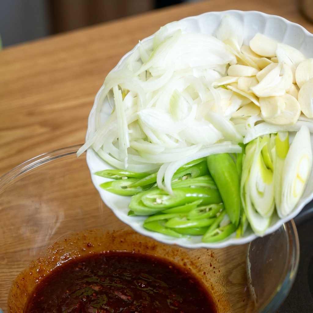 A variety of sliced aromatics including garlic, green chilies, and onions being added to a bowl of sauce.