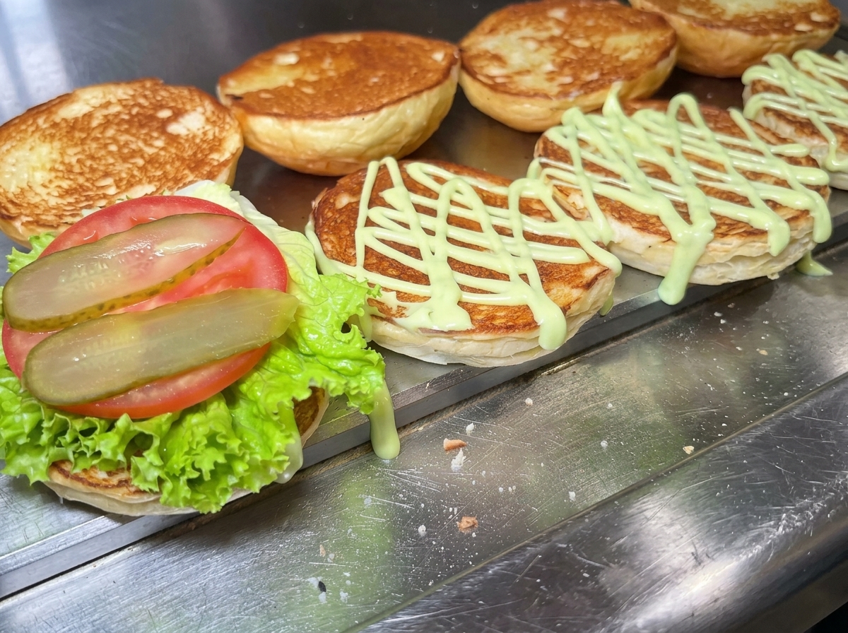 A toasted burger bun on a metal griddle layered with fresh green lettuce, a red tomato slice, and pickles, situated next to other buns drizzled with a pale green avocado sauce.
