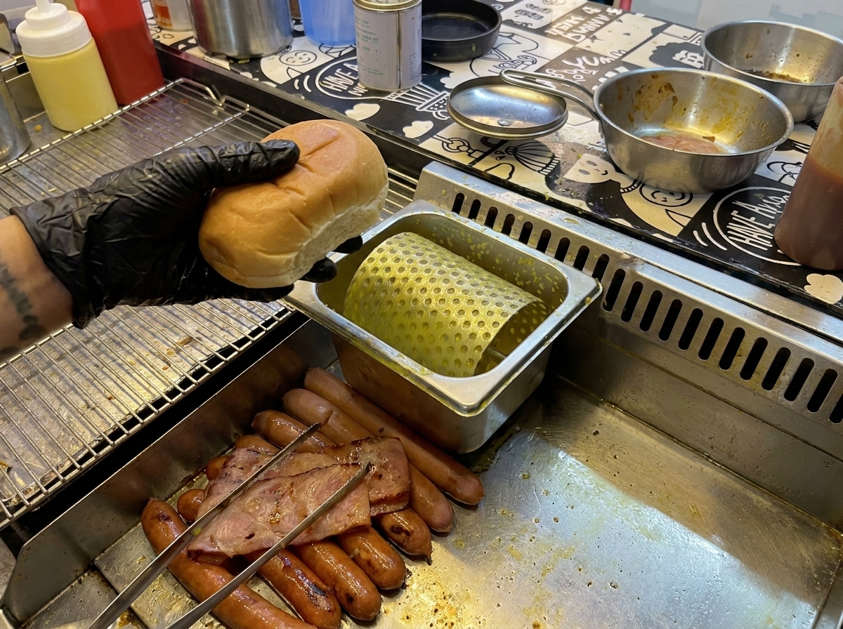 Butter-coated burger bun halves toasting on a hot metal griddle.