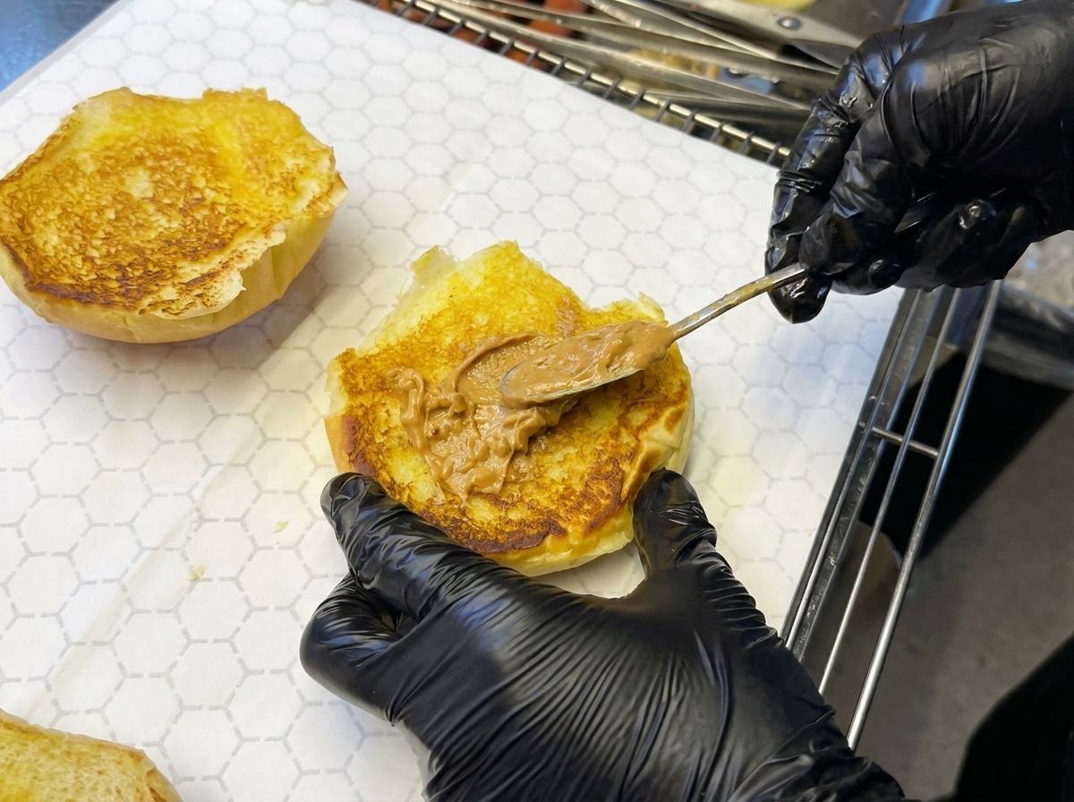 Toasted bun half being spread with creamy peanut butter, with sauce being squeezed on top.