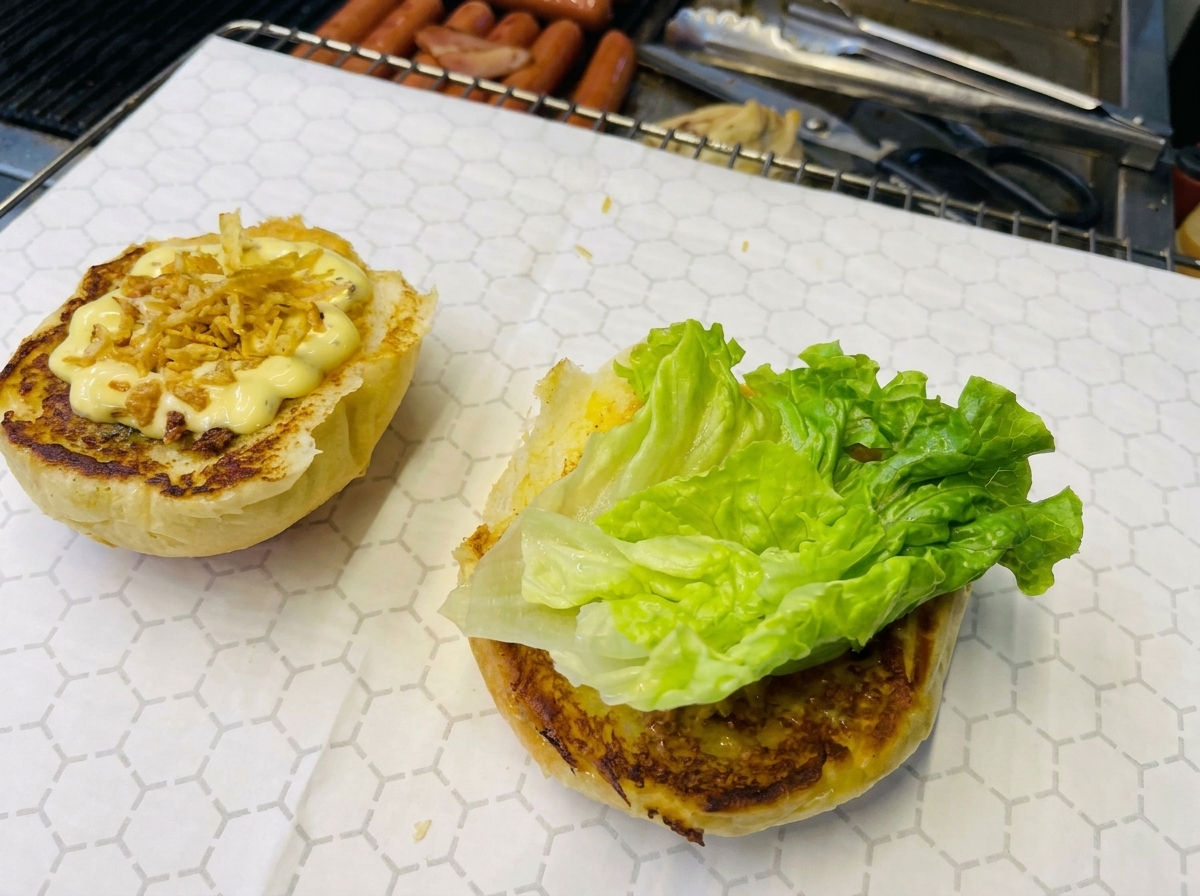 Toasted bun half topped with crispy potato sticks, fresh lettuce, bacon strips, and a drizzle of honey mustard.