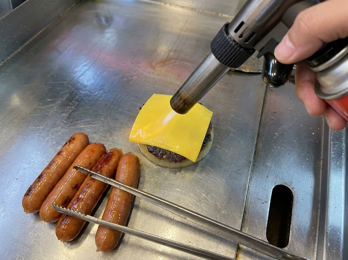 A close-up shot of a slice of cheese melting over a beef patty on a flat-top grill, being torched by a hand-held kitchen blowtorch.