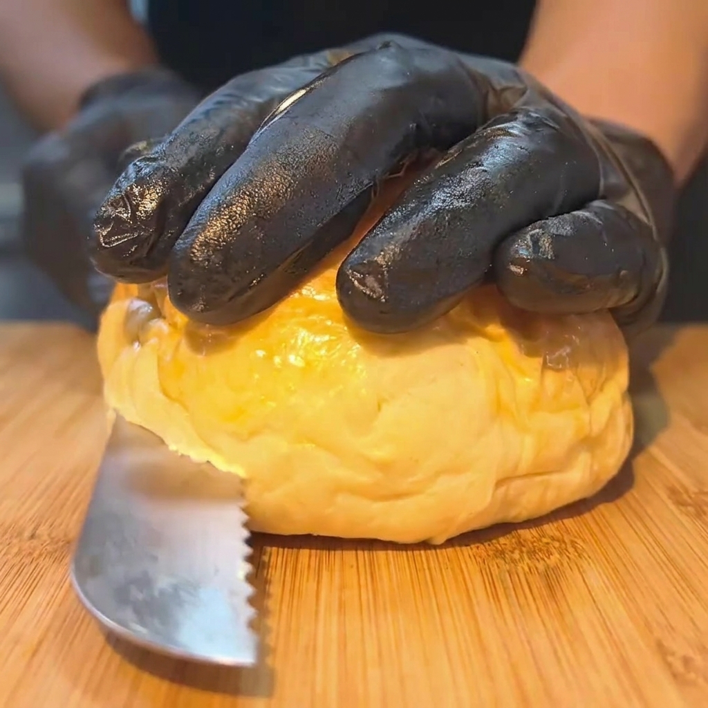A sliced burger bun being pressed onto a hot metal surface to toast the cut side.