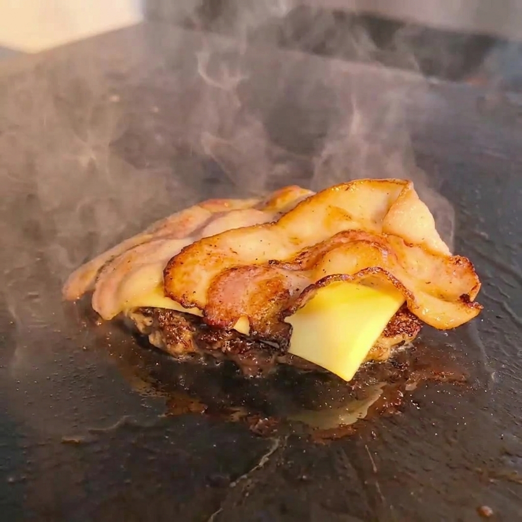 Two toasted burger bun halves sitting on a surface, being drizzled with honey mustard and mayonnaise.