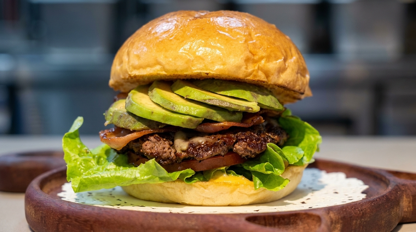 A gourmet avocado burger featuring a juicy beef patty, crispy bacon, and fresh avocado slices on a toasted brioche bun.