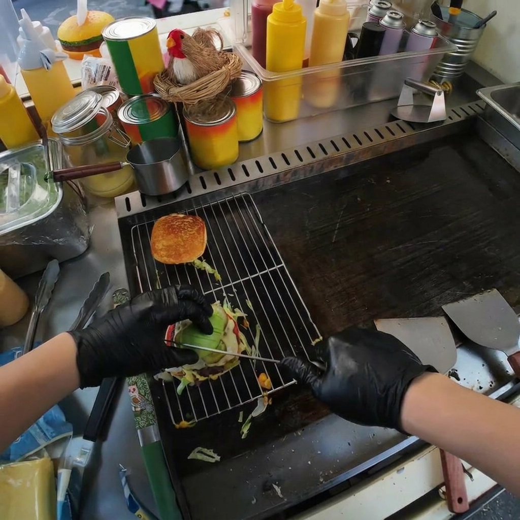 Fresh green avocado slices being carefully arranged on top of a cooked beef patty.
