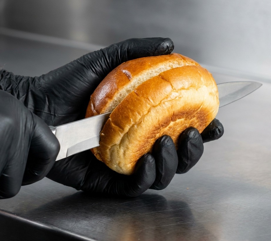 Burger buns being toasted on a hot flat-top grill until golden brown.