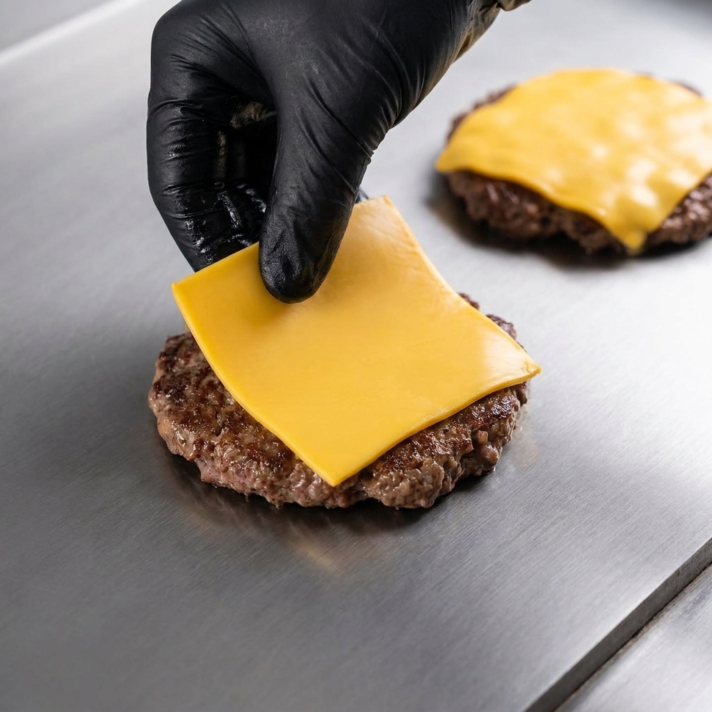 Slices of yellow cheddar cheese melting on top of beef patties on a flat-top grill.