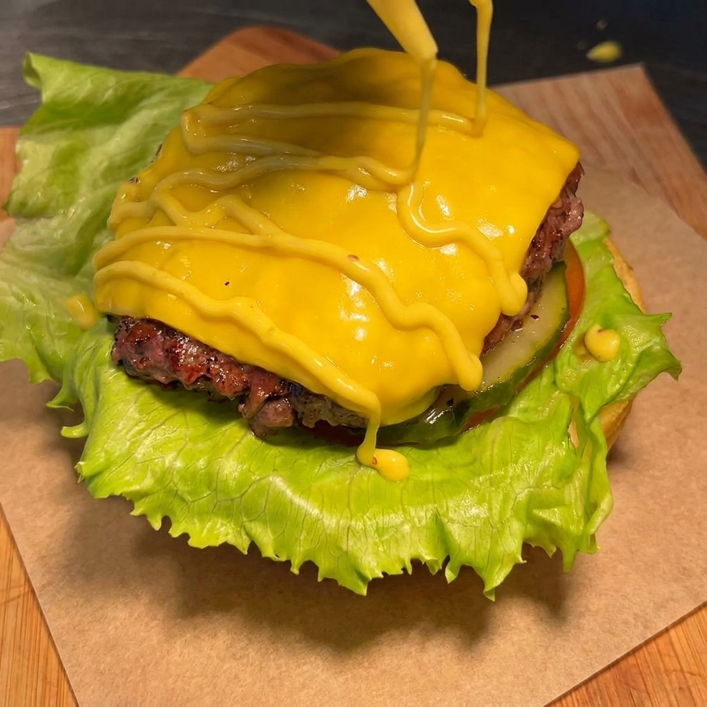 Yellow mustard being drizzled from a squeeze bottle onto a cheese-topped beef patty.