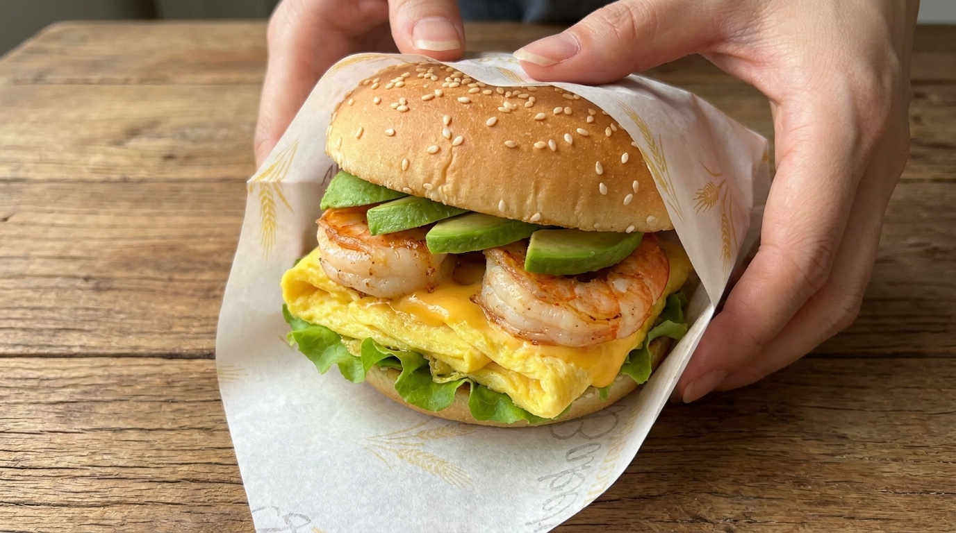 A gourmet breakfast burger layered with crisp lettuce, tender cheesy egg, succulent pan-seared shrimp, and fresh avocado.