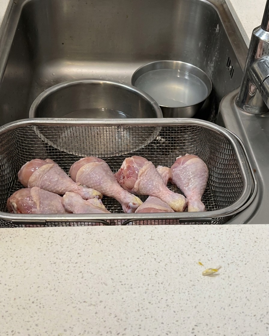 A raw chicken thigh being carefully deboned with kitchen scissors over a stainless steel colander.