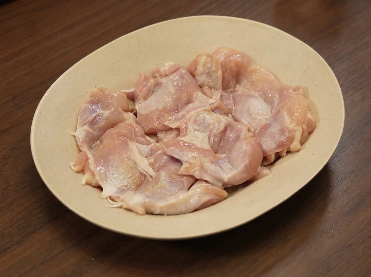 Hands rubbing spices into raw chicken thighs on a plate.