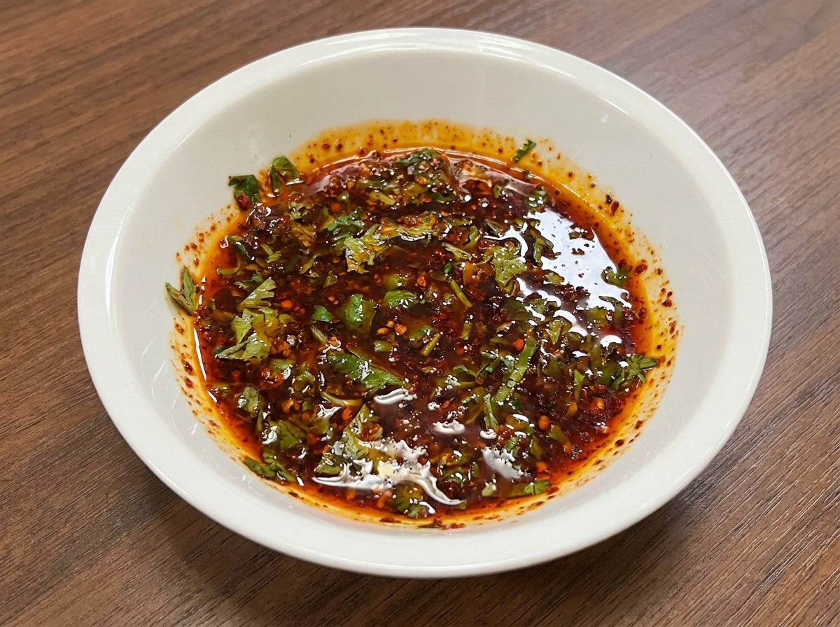 A small white bowl containing mixed sauce ingredients including oil, herbs, and spices.