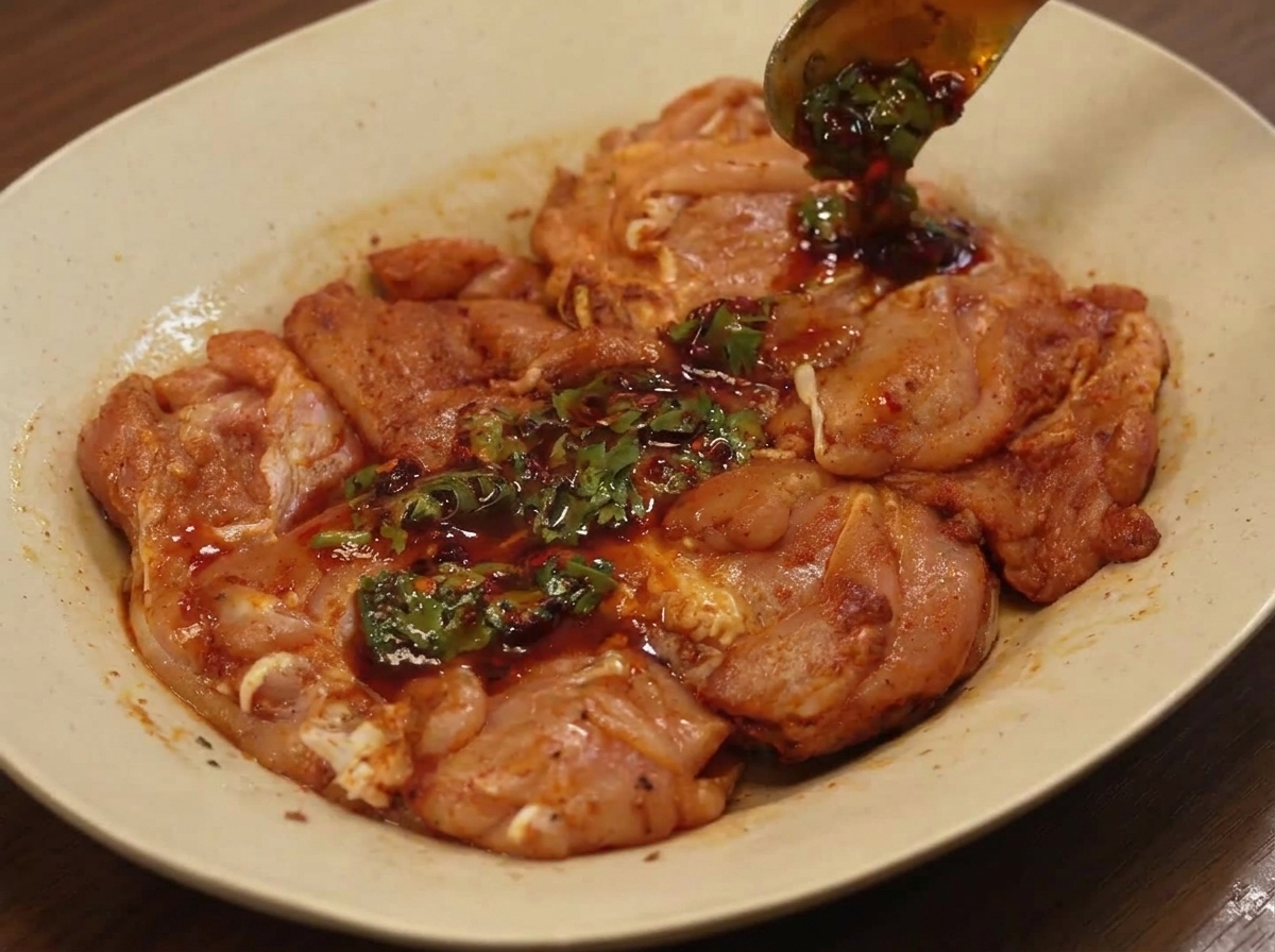 Sauce being spooned onto raw seasoned chicken thighs on a plate.