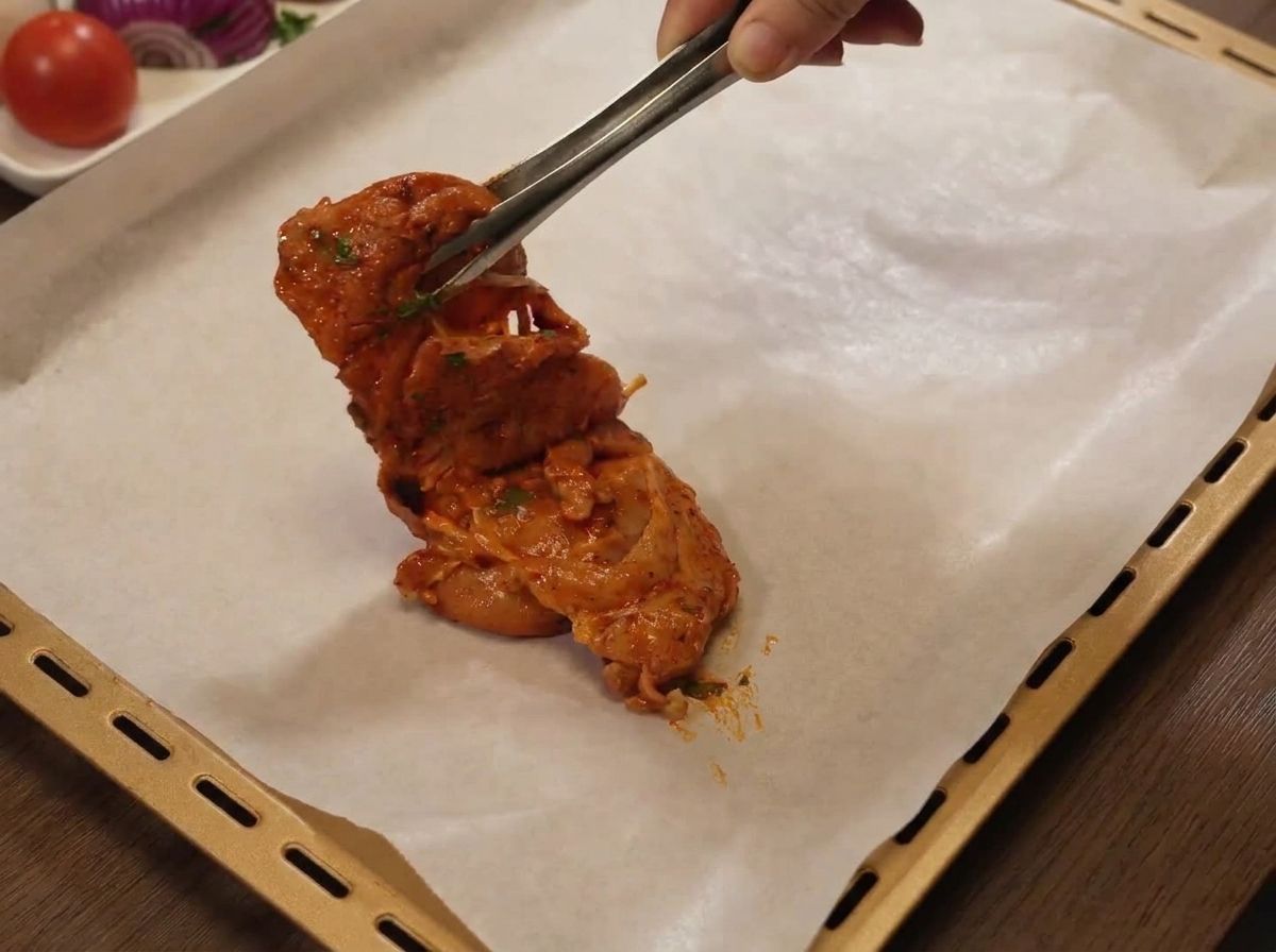 Marinated raw chicken thighs being placed on a parchment-lined baking tray.