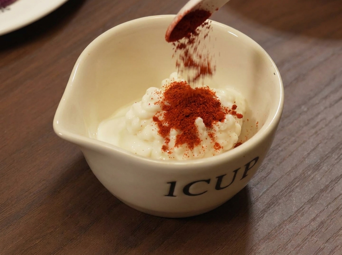 Creamy sauce being mixed in a small white bowl with a spoon.