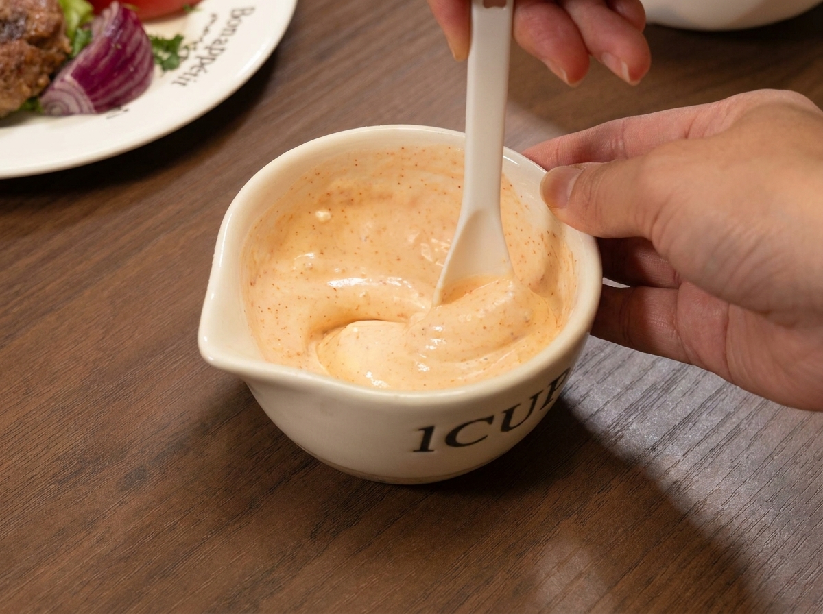 Spreading creamy sauce onto the toasted bun with a spatula.