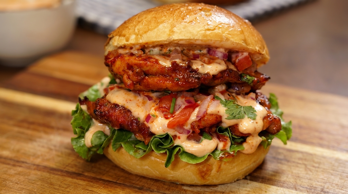 A double-layered Mexican spicy grilled chicken burger with fresh salsa and creamy sauce.