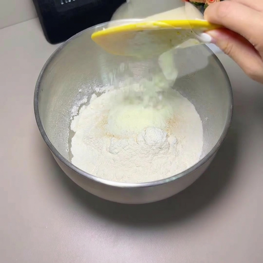 Dry ingredients being poured into a large metal mixing bowl.