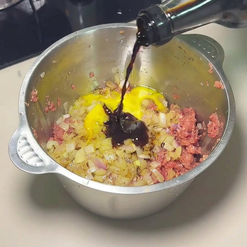 Dark soy sauce being poured from a bottle into a metal bowl containing raw ground beef, chopped onions, a cracked egg, and liquid seasonings.