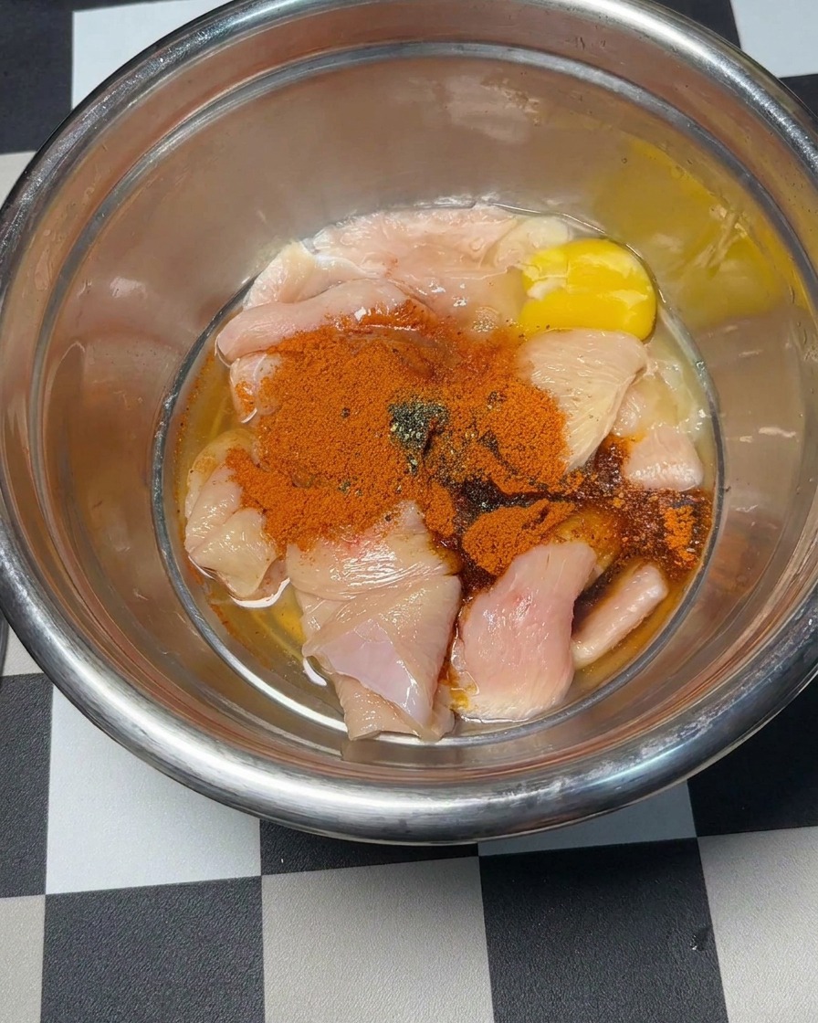 A raw egg added to the bowl of seasoned chicken slices.