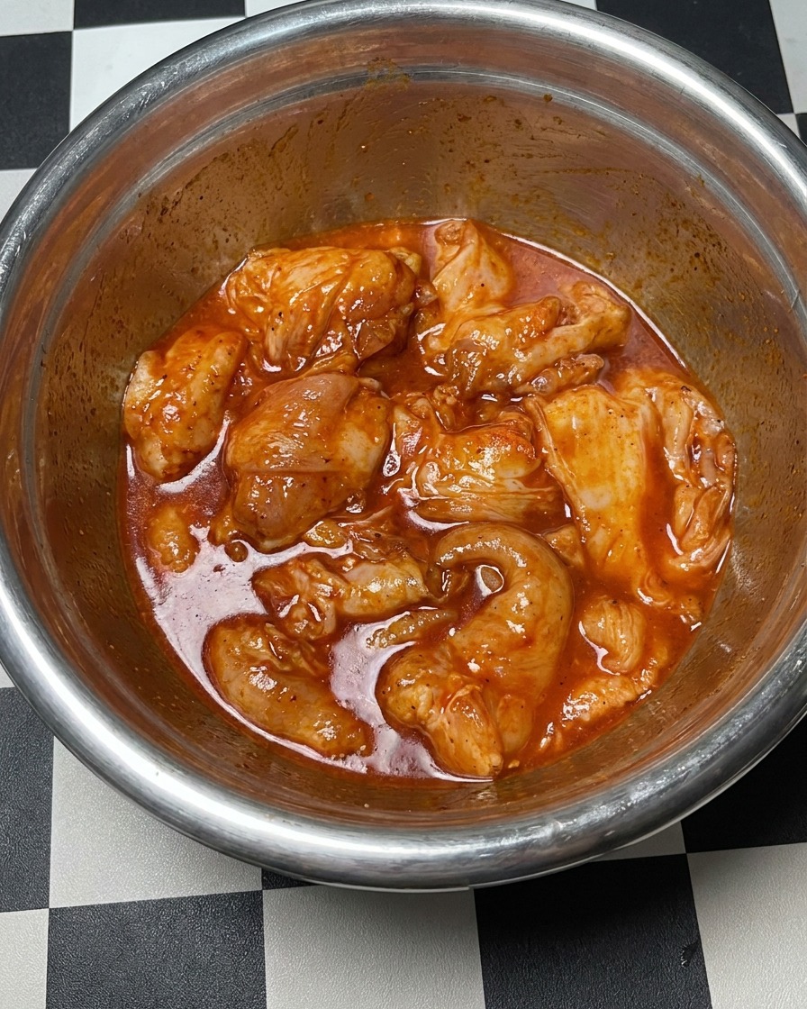 A metal bowl containing seasoned chicken covered securely with a layer of clear plastic film.