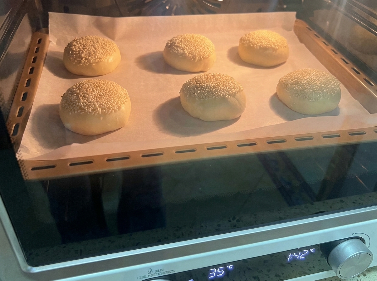 A tray of six shaped dough balls topped with sesame seeds resting on a baking sheet inside an oven.