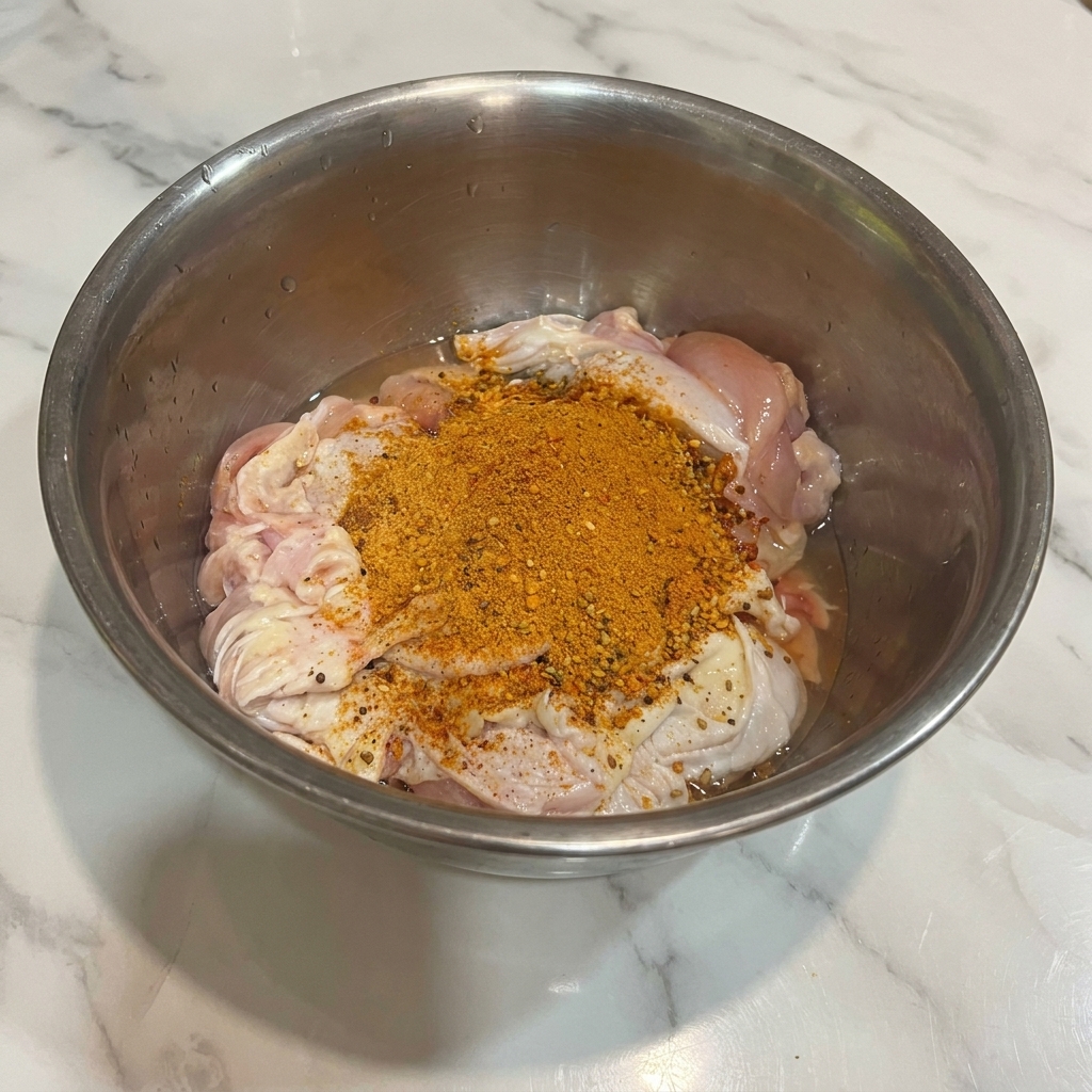 Raw chicken thighs being patted dry with a paper towel on a clean surface.