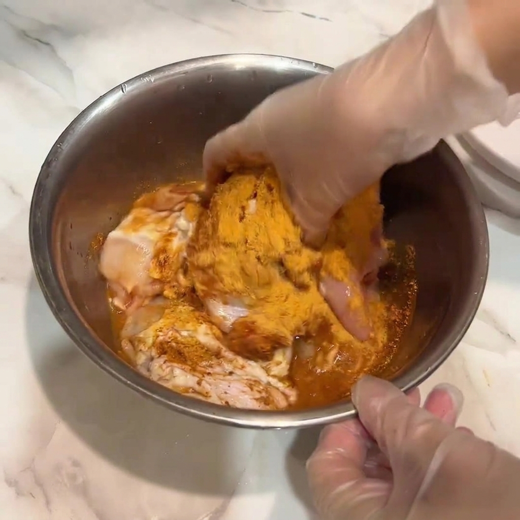 Gloved hands tossing raw chicken pieces in a red marinade mixture inside a metal bowl.