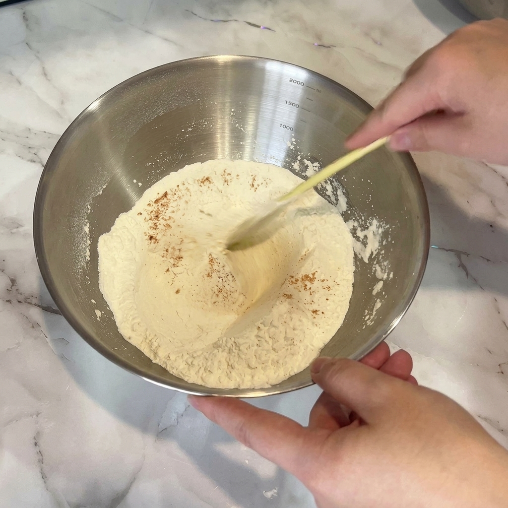 A close-up of a yellow spatula mixing a smooth, pale yellow batter inside a stainless steel bowl.