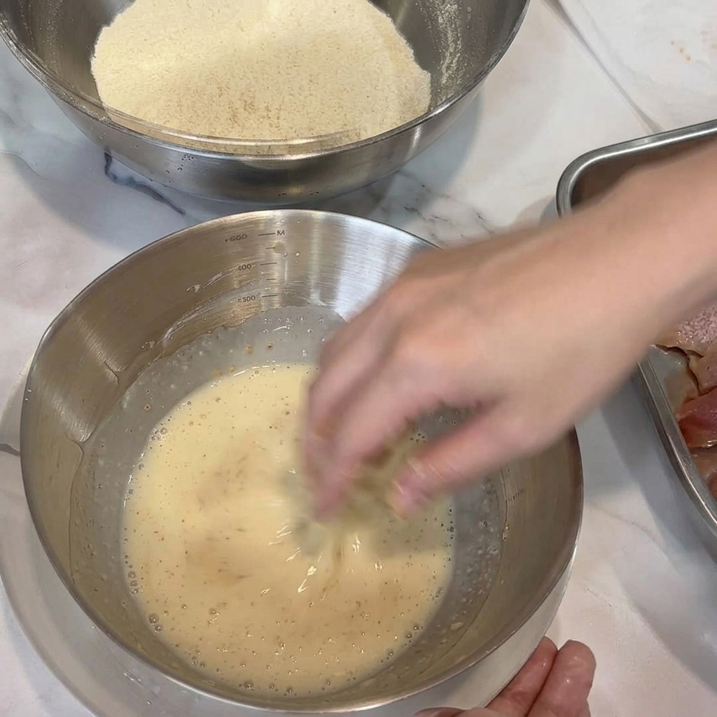 A hand dipping a piece of raw marinated chicken into a wet batter inside a metal bowl.