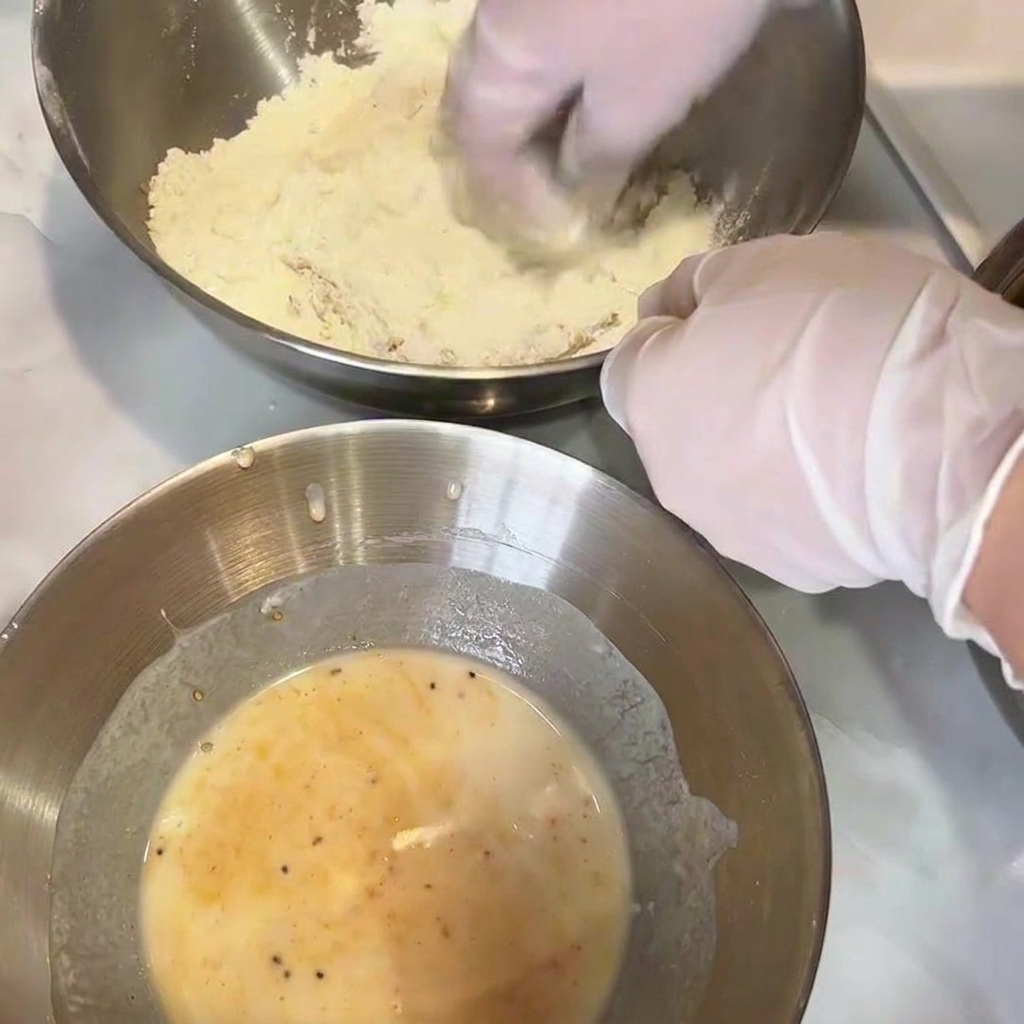Gloved hands thoroughly tossing a piece of batter-coated raw chicken in a metal bowl filled with dry flour.