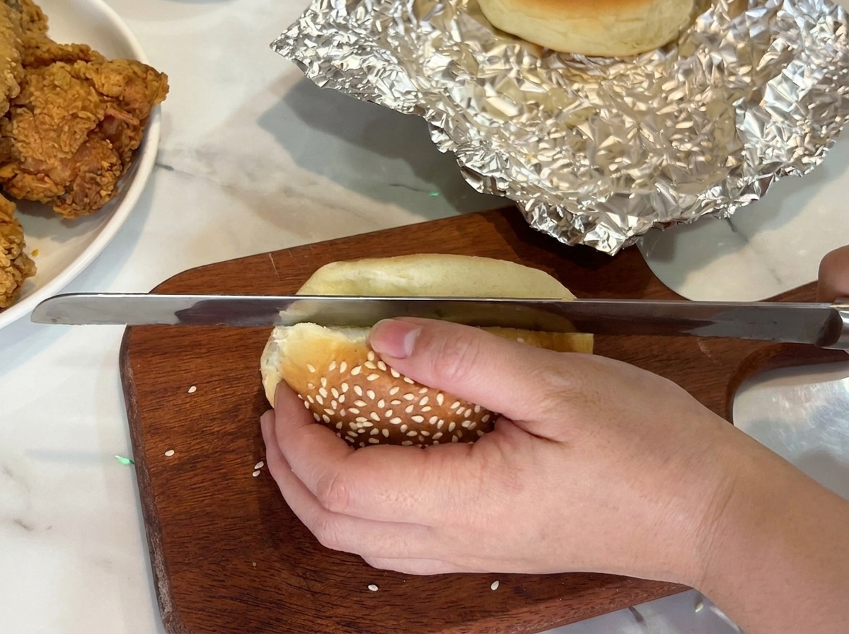 Slicing a baked sesame hamburger bun in half horizontally on a wooden cutting board with a knife.